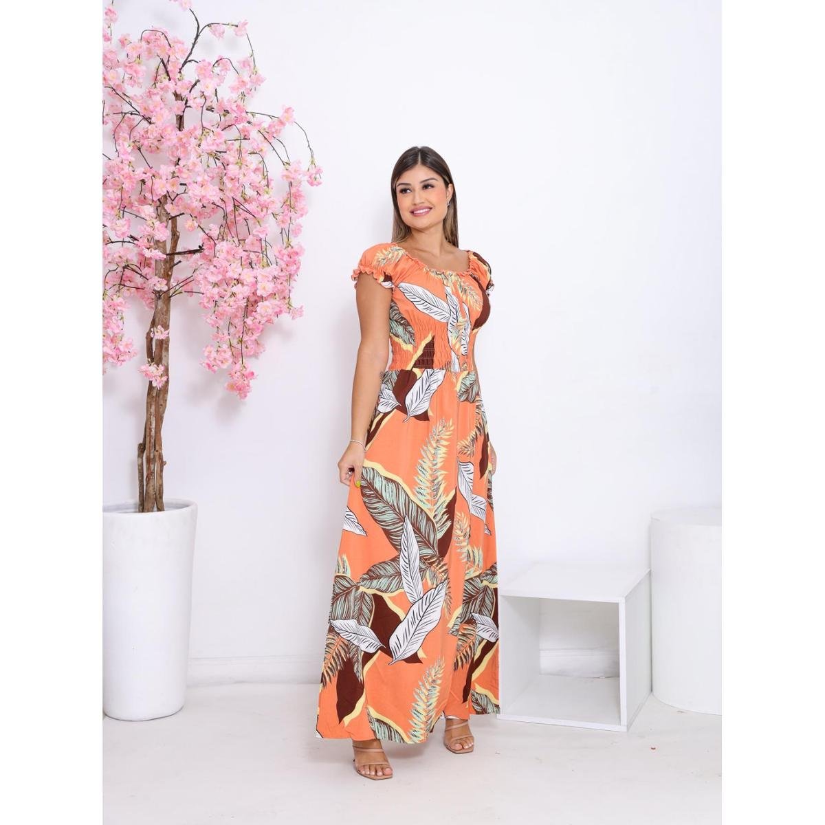 Vestido Feminino Longo Ombro a Ombro Manga Curta Estampado Florido Silhueta Slim Premium - Laranja Menor preço em Vestido Feminino Longo Ombro a Ombro Manga Curta Estampado Florido Silhueta Slim Premium - Laranja