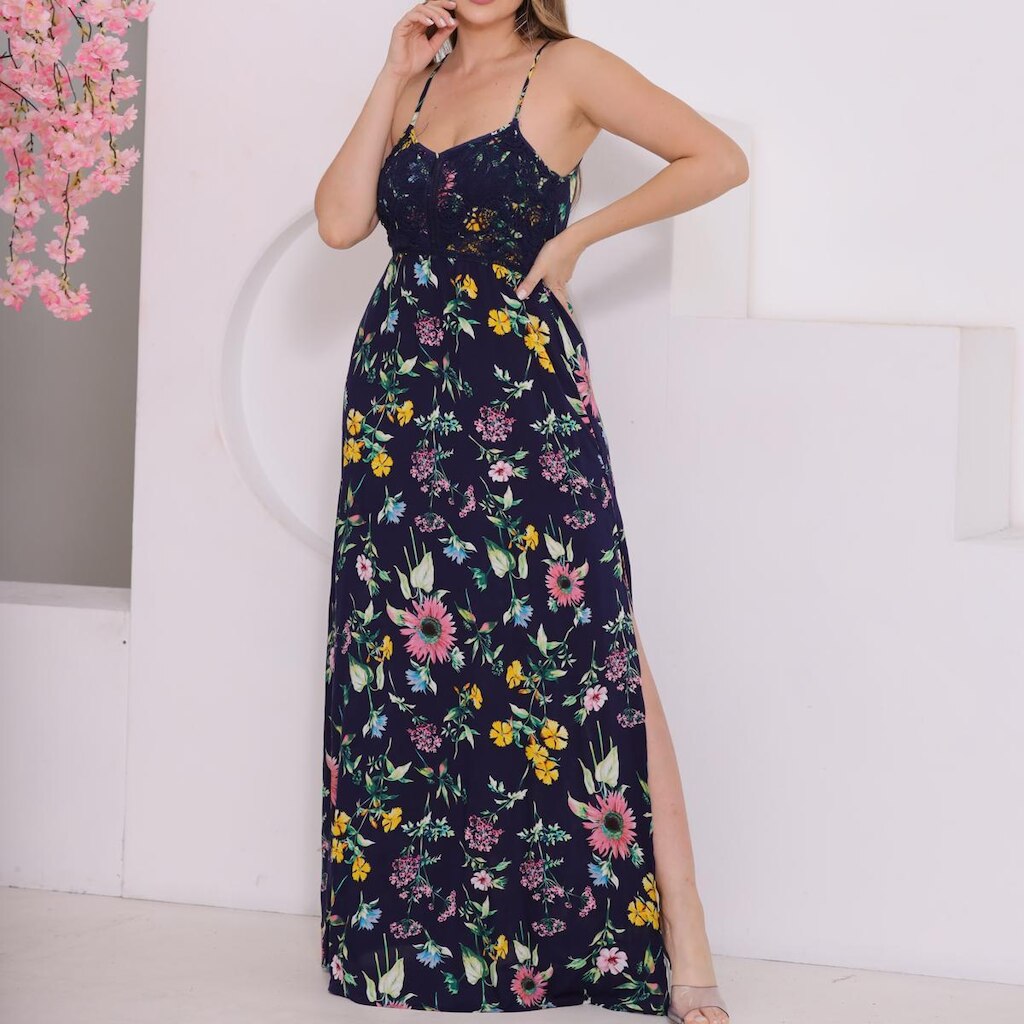 Vestido Feminino Longo Regata Estampado Flora Casual