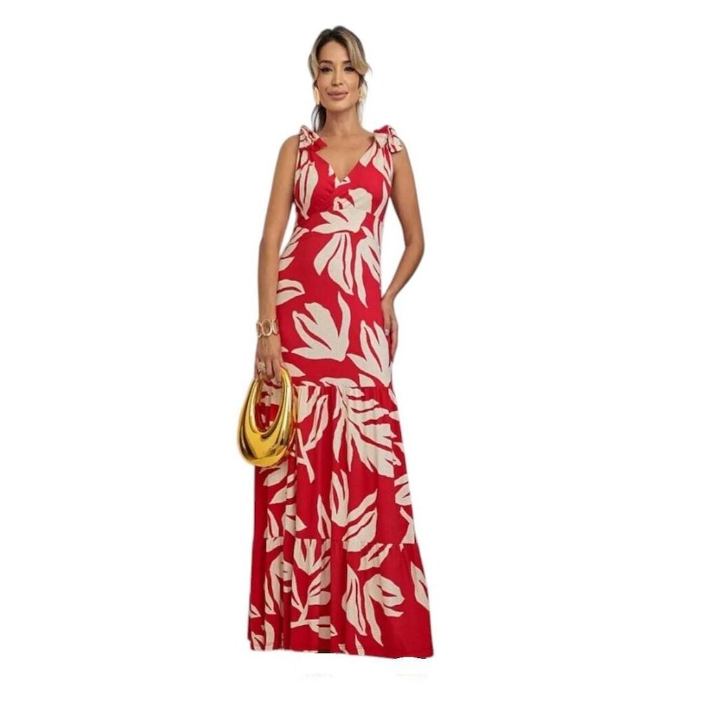 Vestido Feminino Longo Regata Festa Clássico Estampado
