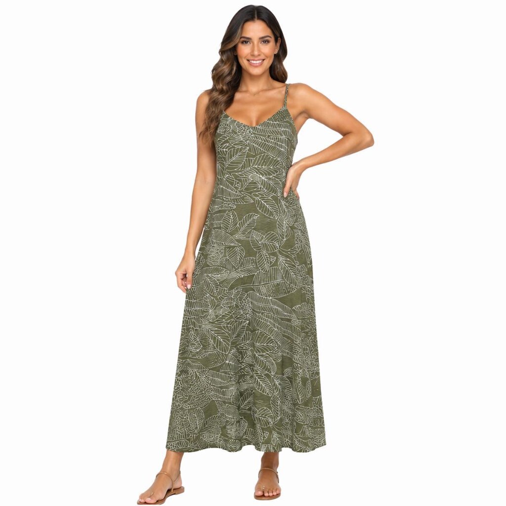 Vestido Feminino Longo Viscose Estampado com Bolso Alça Fina