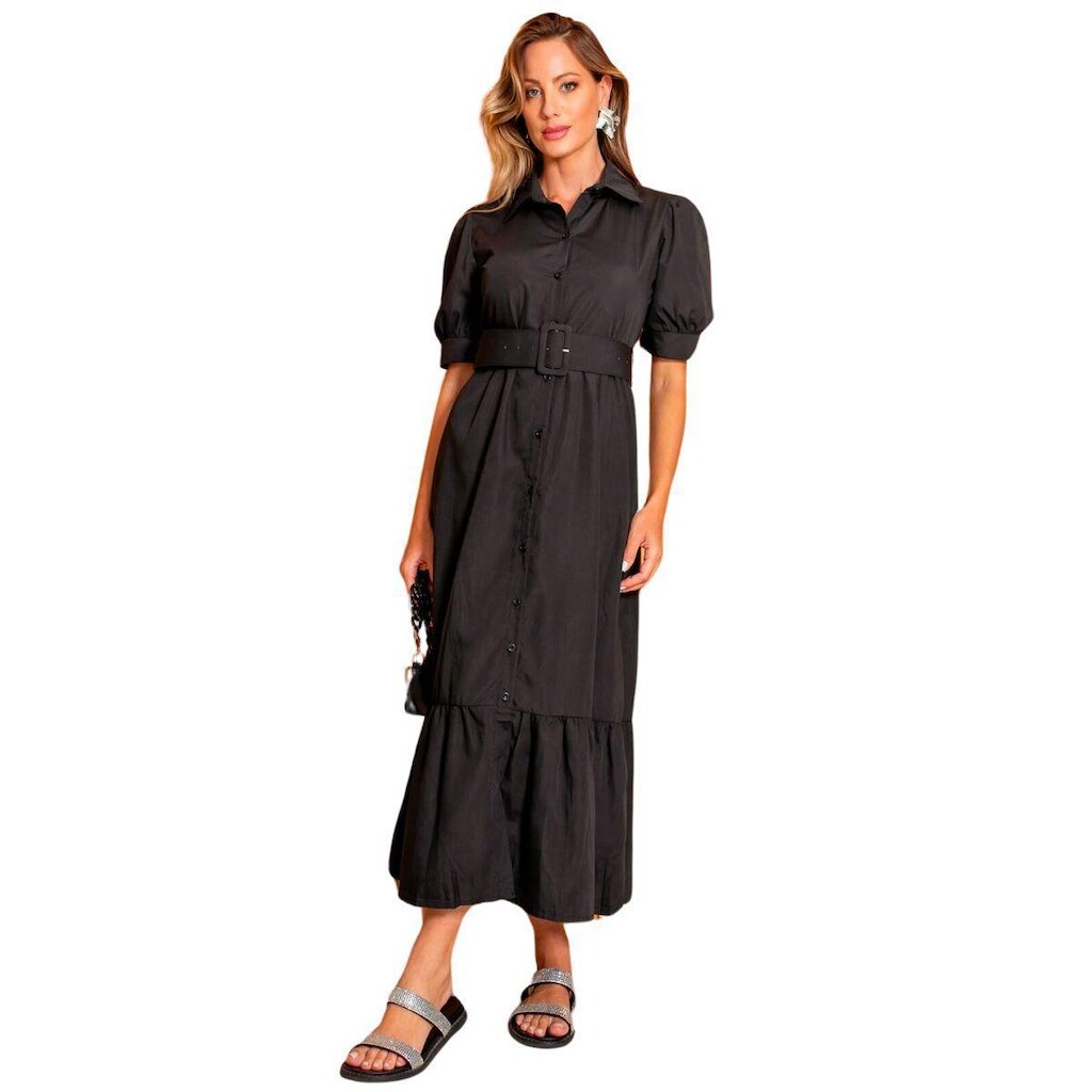 VESTIDO FEMININO MANGA CURTA MIDI COM CINTO E SAIA EVASE EM CREPE ELEGANTE COM FORRO