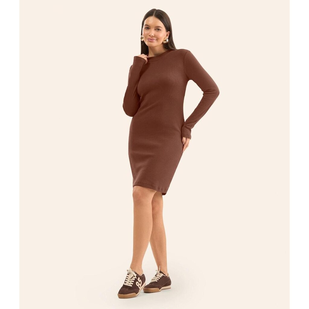 Vestido Feminino Manga Longa Ribana Básico Rovitex Marrom