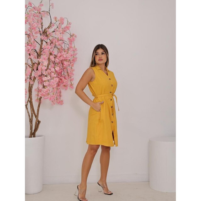 Vestido Feminino Manga Regata com Botões Frontais e Cinto Faixa Comfort Casual
