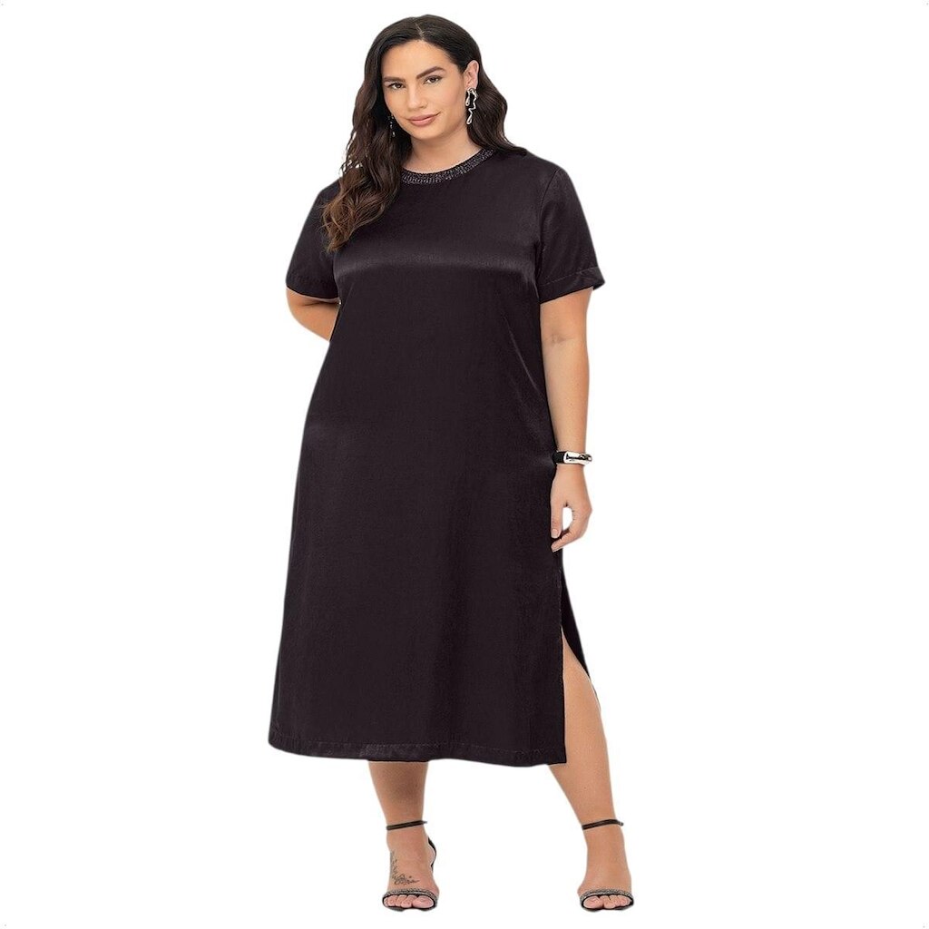 Vestido Feminino Midi Elegante Brilho Com Fendas Plus Size