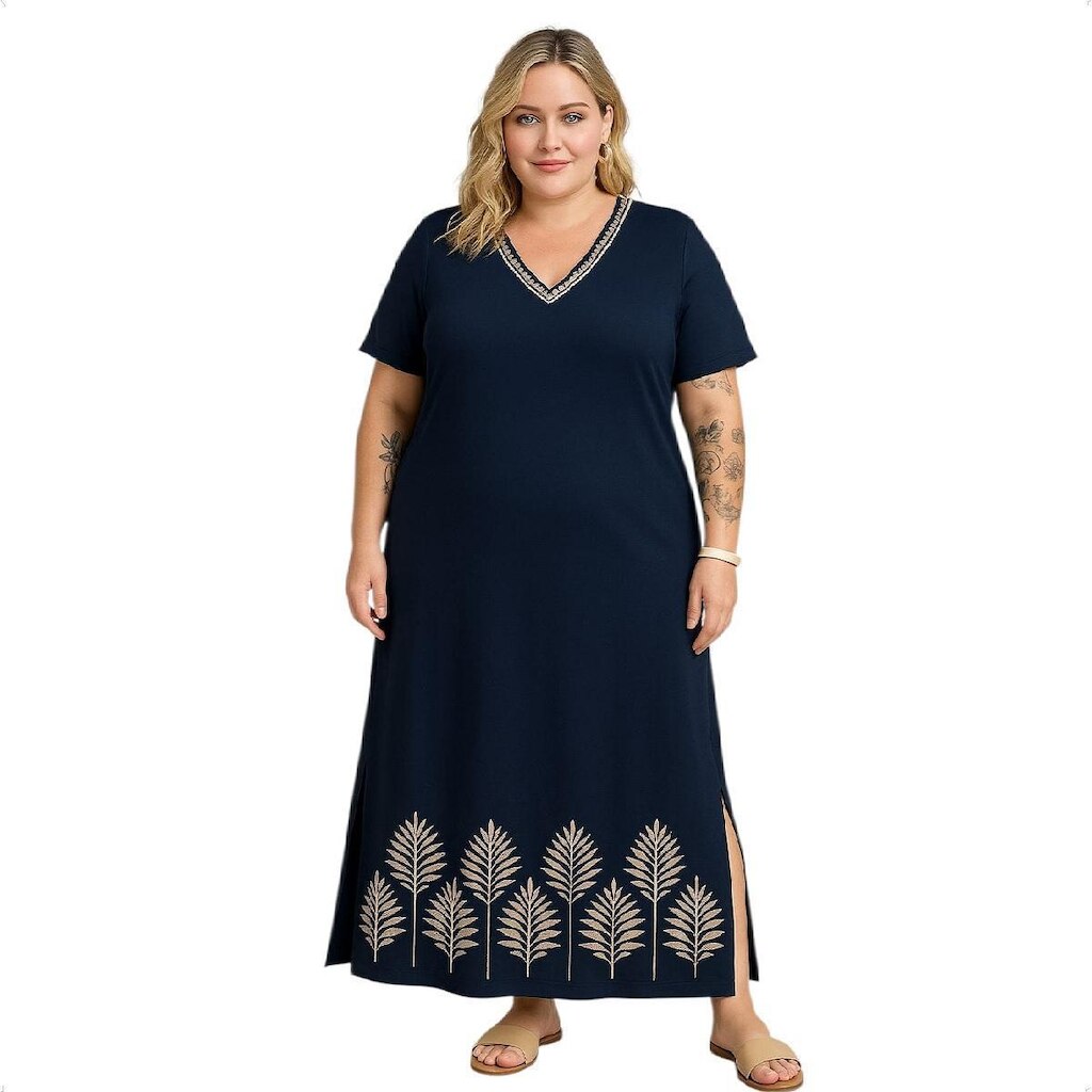 Vestido Feminino Super Midi Manga Curta Fendas Plus Size