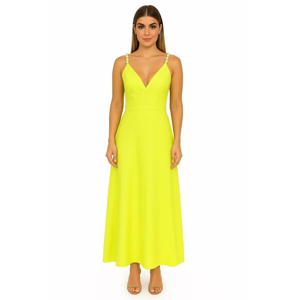 Vestido FMF Longo Neon Alças com Detalhe em Pérolas Elegância e Conforto