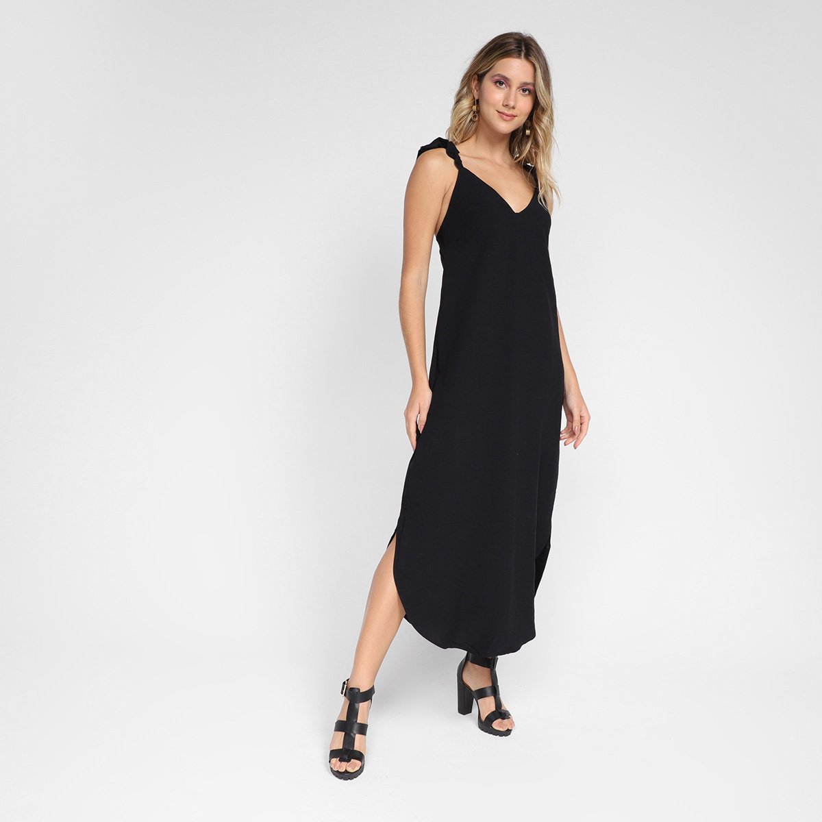 Vestido Forum Midi Linho Fenda - Preto Menor preço em Vestido Forum Midi Linho Fenda - Preto