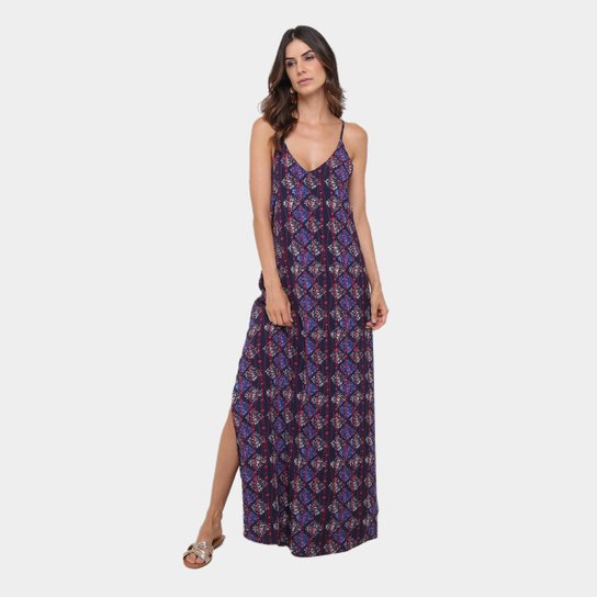 Vestido Forwhy Longo Fenda Estampado - Azul