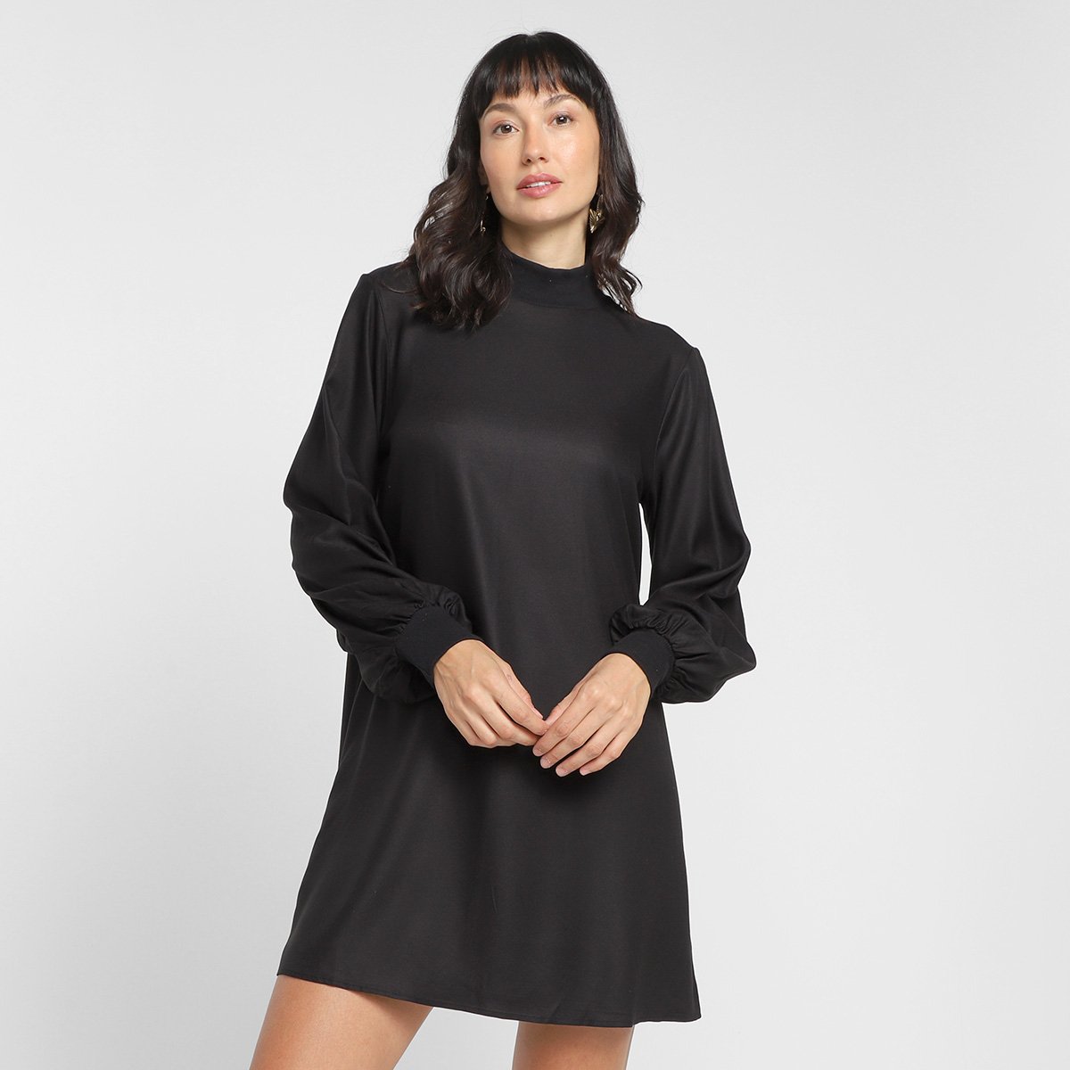 Vestido Hering Curto Gola Alta Manga Longa Bufante - Preto Menor preço em Vestido Hering Curto Gola Alta Manga Longa Bufante - Preto