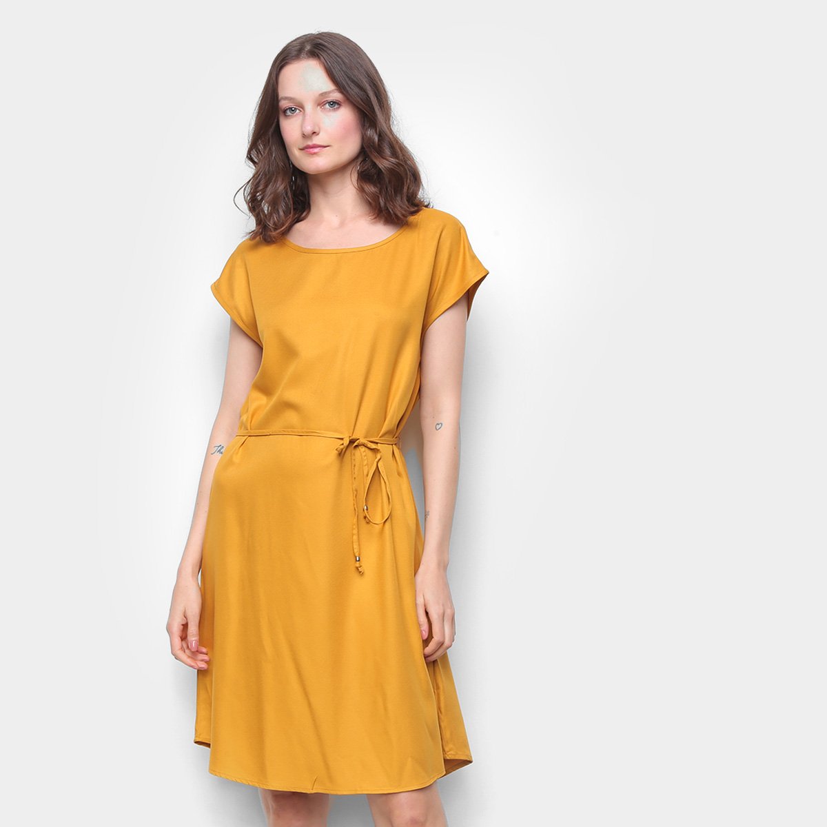 Vestido Hering Evasê Curto Amarração - Amarelo Claro Menor preço em Vestido Hering Evasê Curto Amarração - Amarelo Claro