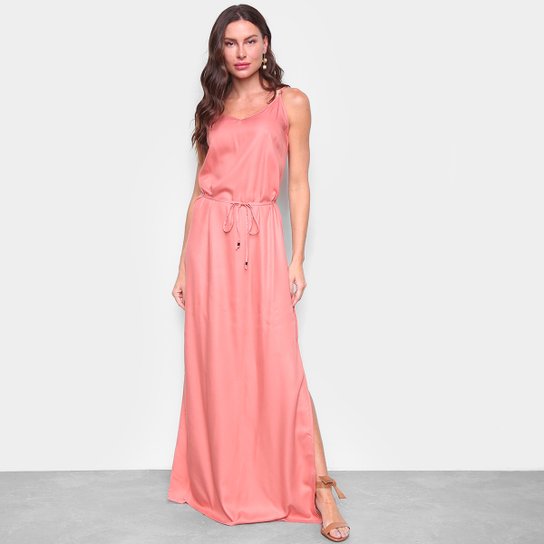 Vestido Hering Longo Evasê Fenda Amarração - Rosa