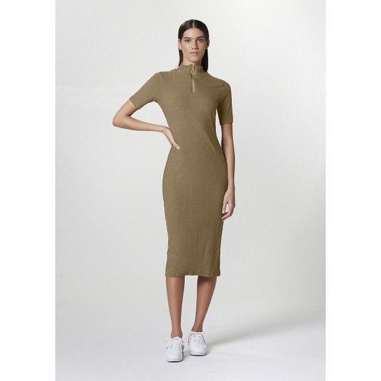 Vestido Hering Malha Canelada De Liocel com Elastano Feminino - Marrom