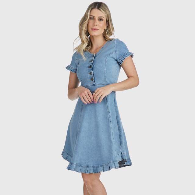 Vestido HNO Jeans Midi Manga Curta Babados na Barra e Manga Azul