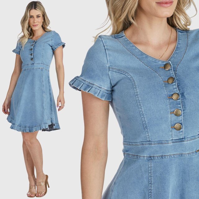 Vestido HNO Jeans Midi Manga Curta Babados na Barra e Manga Azul