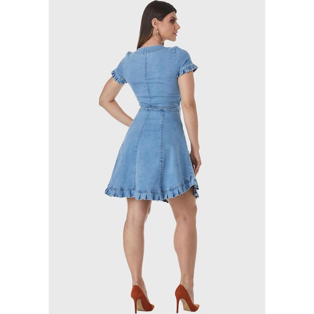 Vestido HNO Jeans Midi Manga Curta Babados na Barra e Manga Azul