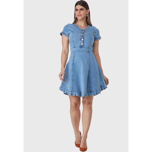 Vestido HNO Jeans Midi Manga Curta Babados na Barra e Manga Azul