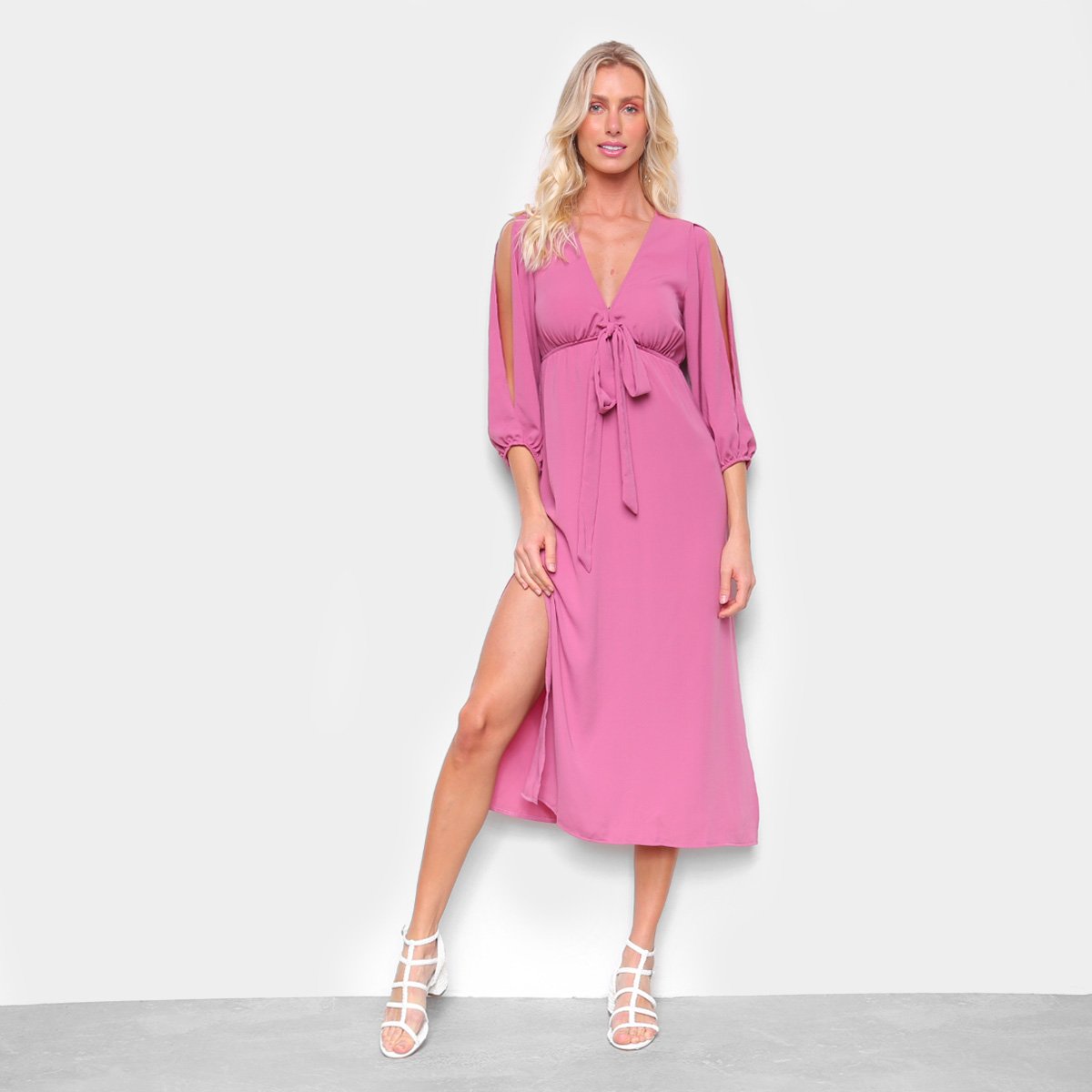 Vestido Il Shin Midi Fendas E Amarração Frontal - Rosa Menor preço em Vestido Il Shin Midi Fendas E Amarração Frontal - Rosa