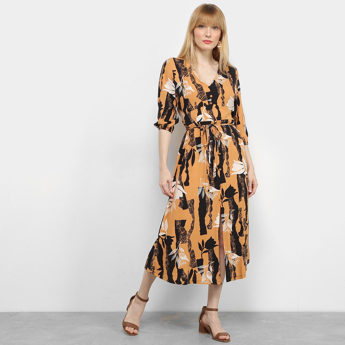Vestido Il Shin Midi Floral Fenda - Mostarda Menor preço em Vestido Il Shin Midi Floral Fenda - Mostarda