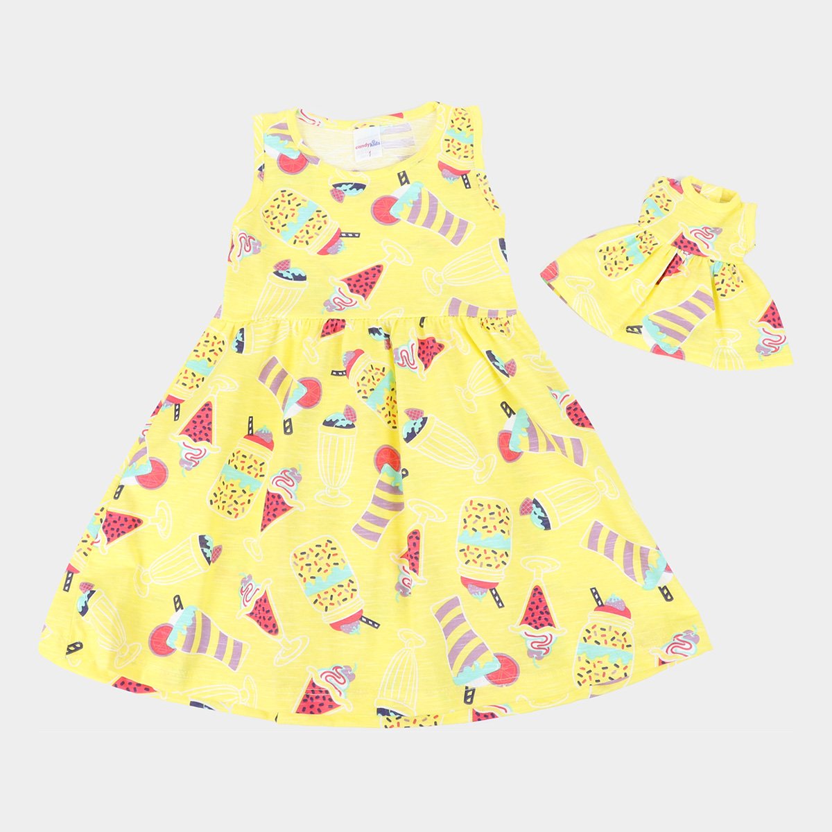 Vestido Infantil Candy Kids Frutinhas + Roupinha Boneca Feminino - Amarelo Menor preço em Vestido Infantil Candy Kids Frutinhas + Roupinha Boneca Feminino - Amarelo