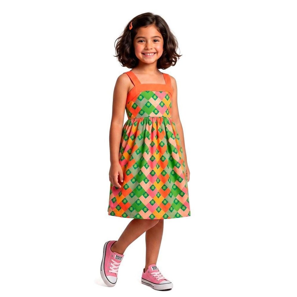 Vestido Infantil Cantinho do Sapo Verde e Laranja Alphabeto