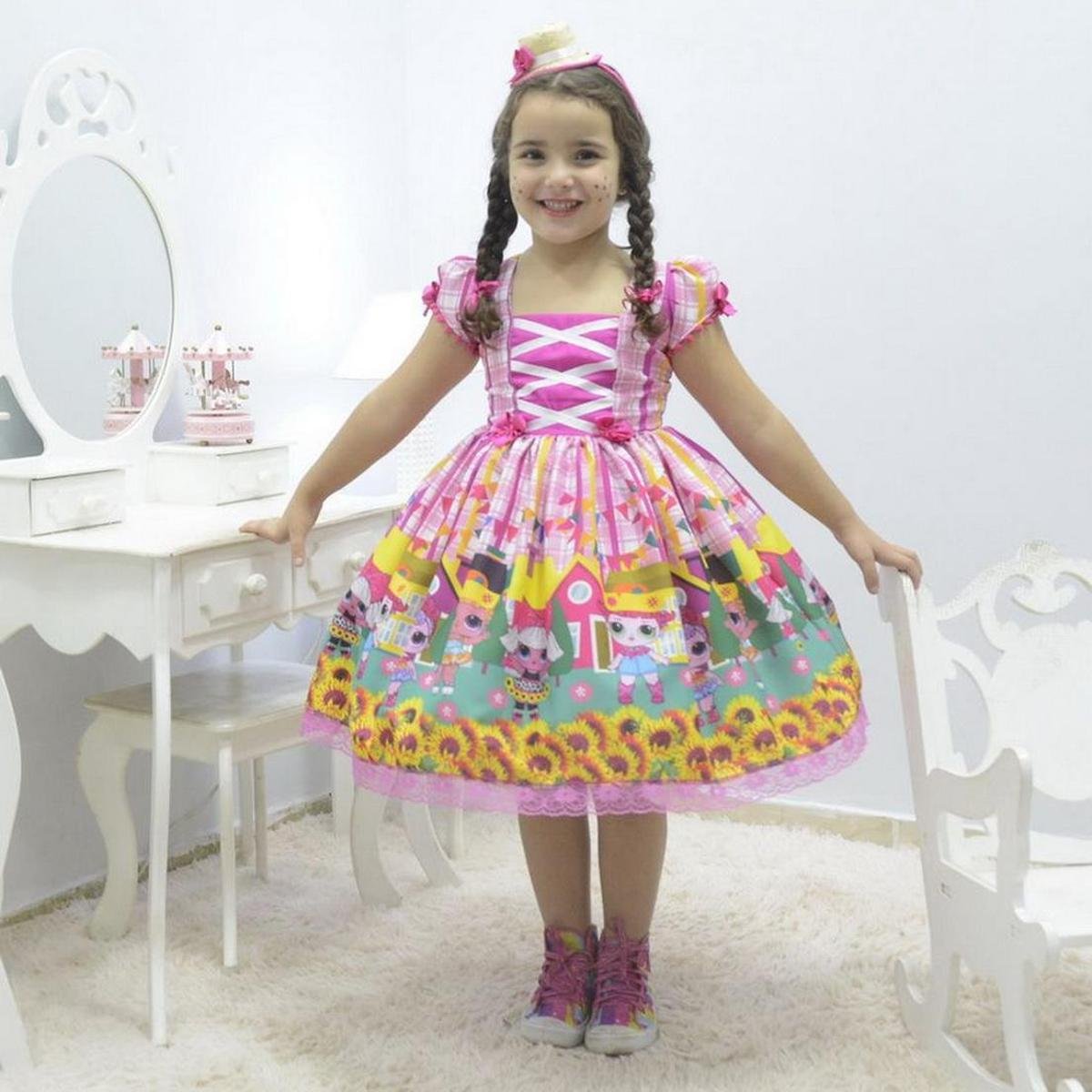 Vestido infantil de Festa Junina e Quadrilha Lol Surprise Rosa