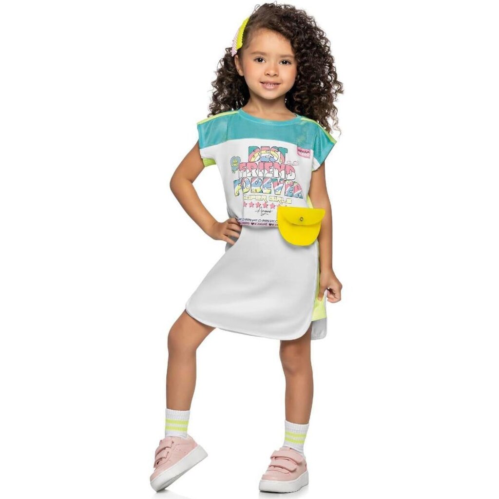 Vestido Infantil Em Cotton  E Malha Crystal Com Bolsa Neon Tam 2 a 3 - Angerô