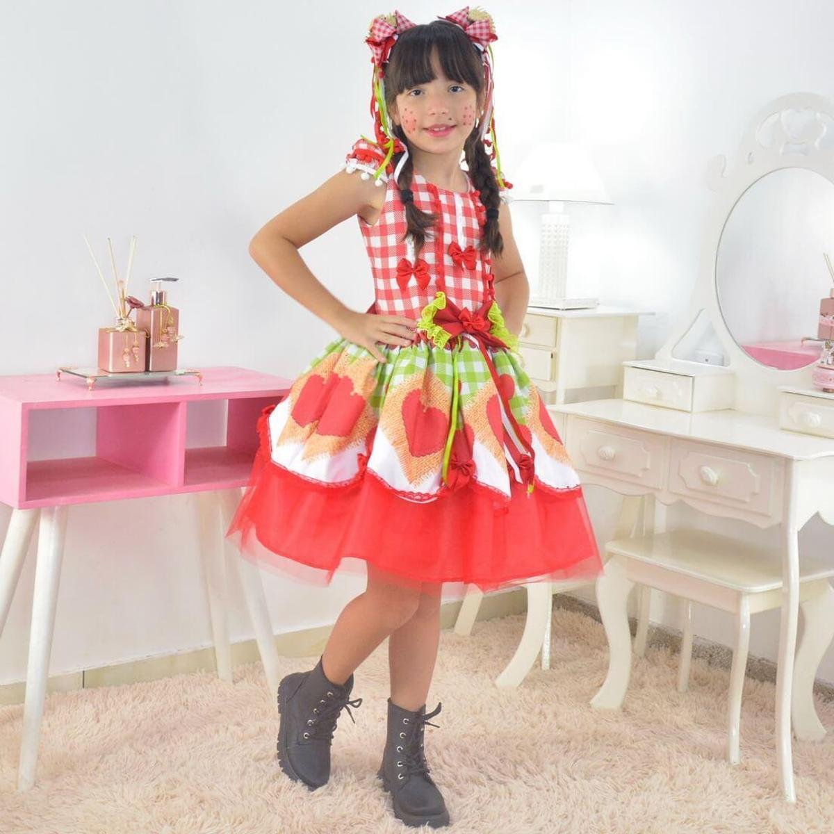 Vestido infantil Festa Junina São Joao Quadrilha Tule Vermelho