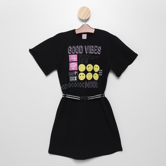 Vestido Infantil For Girl Moletinho Good Vibes Cinto Fivela - Preto