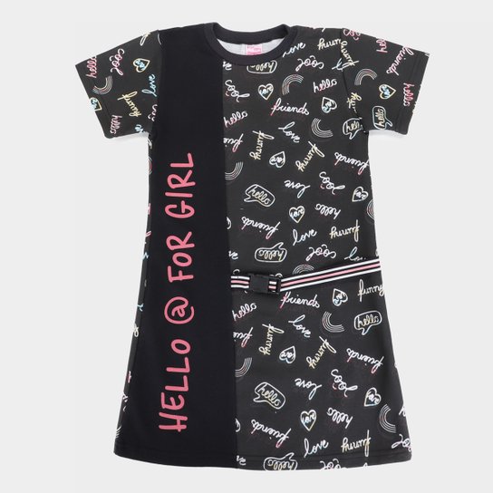 Vestido Infantil For Girl Moletinho Hello Cinto Fivela - Preto