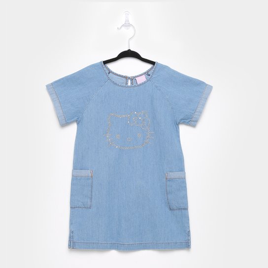 Vestido Infantil Hello Kitty Manga Curta Tecido Jeans - Azul Claro