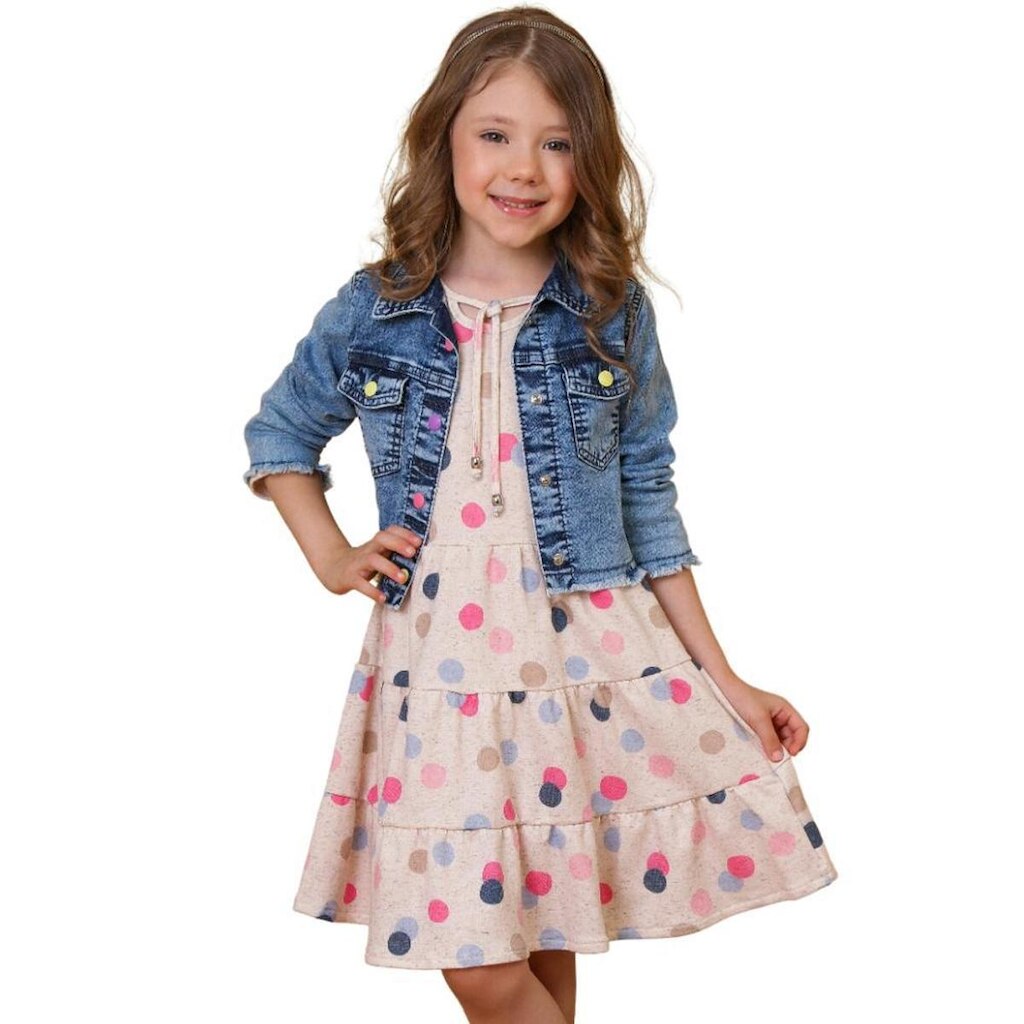 Vestido Infantil Look Jeans Moletinho Poás Bege - 04 - UNICA