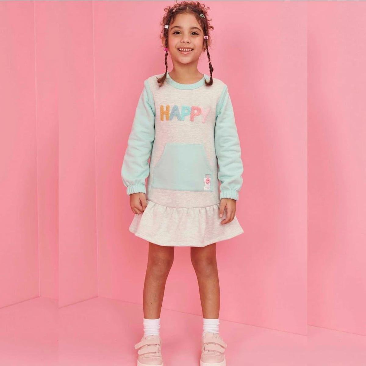 Vestido Infantil Manga Longa Em Moletom Peluciado Happy Tam 2 a 14 - Kukiê Menor preço em Vestido Infantil Manga Longa Em Moletom Peluciado Happy Tam 2 a 14 - Kukiê