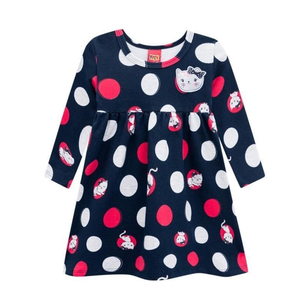 Vestido Infantil, Manga Longa, Gatinha- Kyly