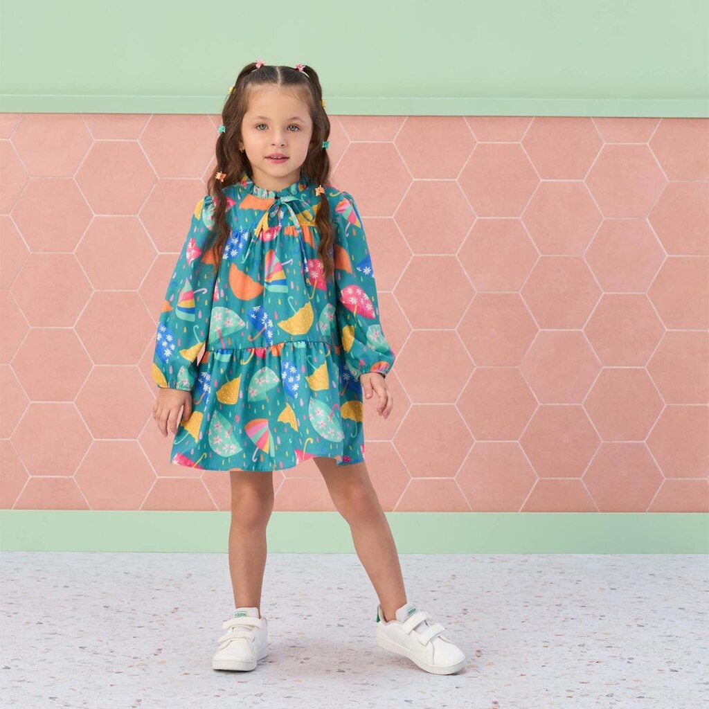 Vestido Infantil Manga Longa Verde Funny Rain Mon Sucré