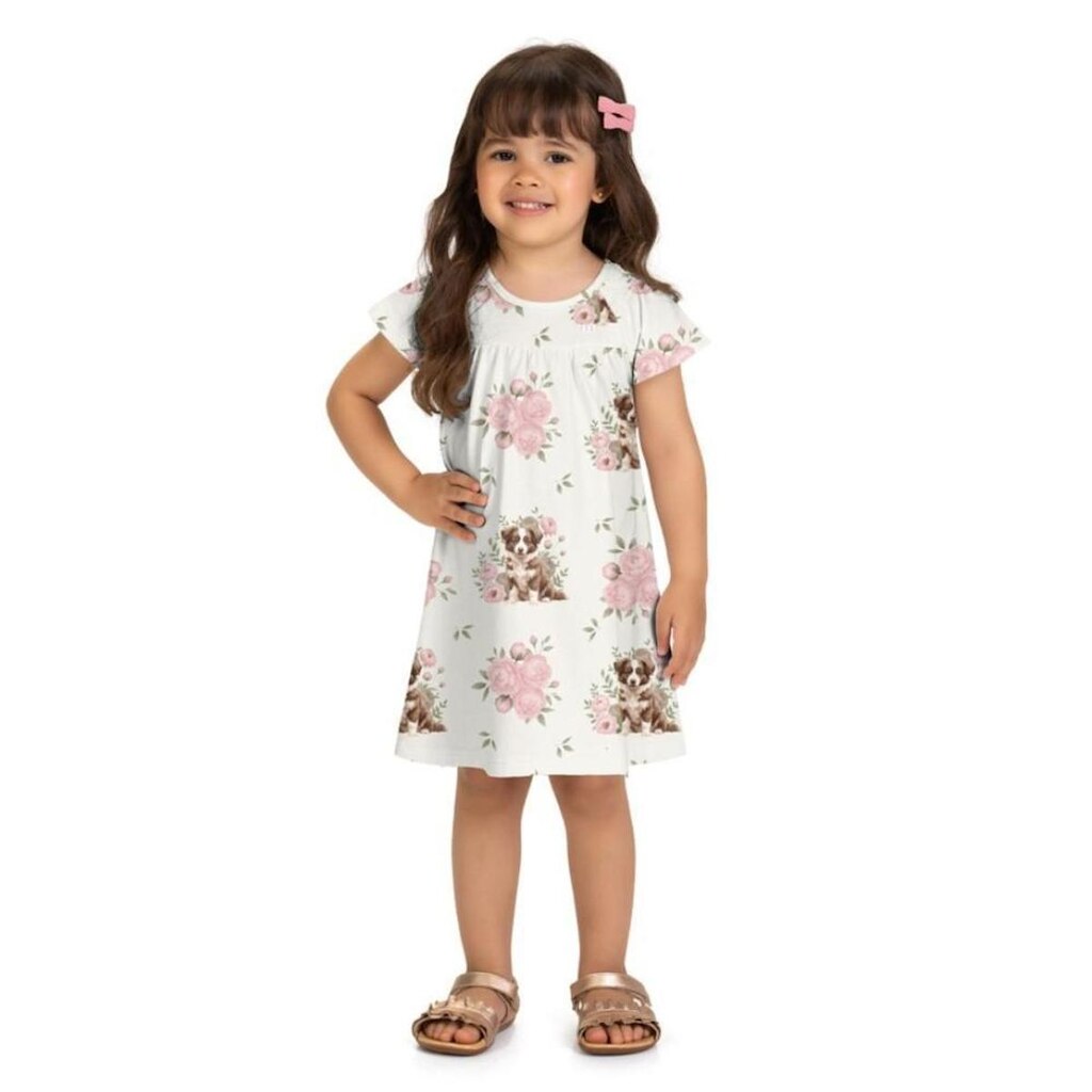 Vestido Infantil Menina Cotton Floral Com Cachorrinho Milon