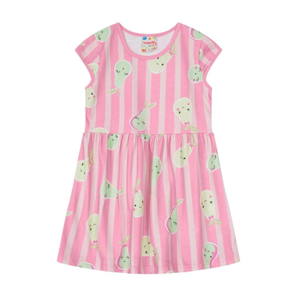 Vestido Infantil Menina Malha Estampado Pera Rosa Brandili