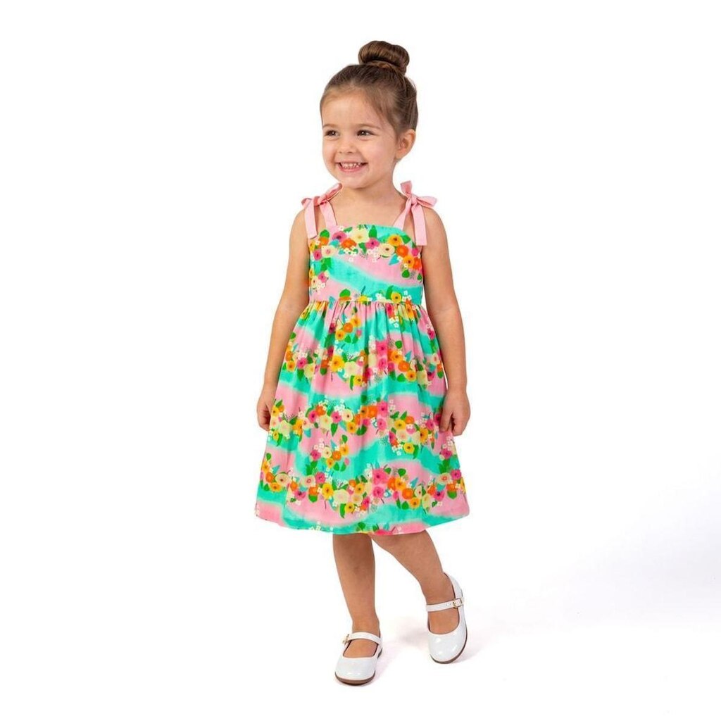 Vestido Infantil Pincelada de Flores Alphabeto Esmeralda