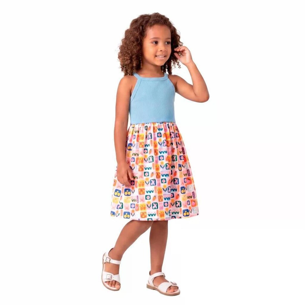 Vestido Infantil Quadradinhos Fun Glacial e Off Alphabeto