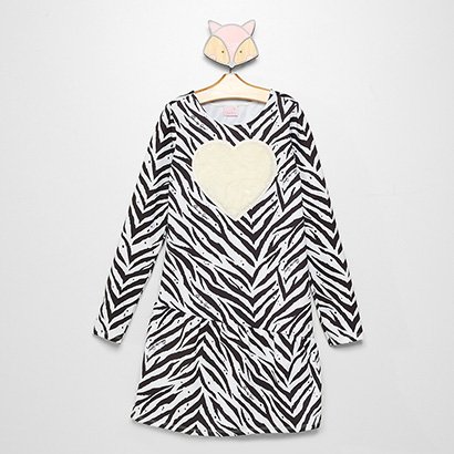 Vestido Infantil Quimby Flanelado Zebra Coração Manga Longa - Feminino