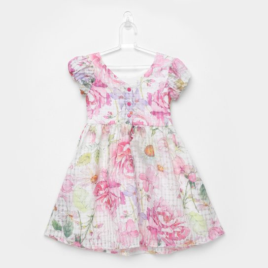 Vestido Infantil Quimby Manga Curta Organza Floral - Off White