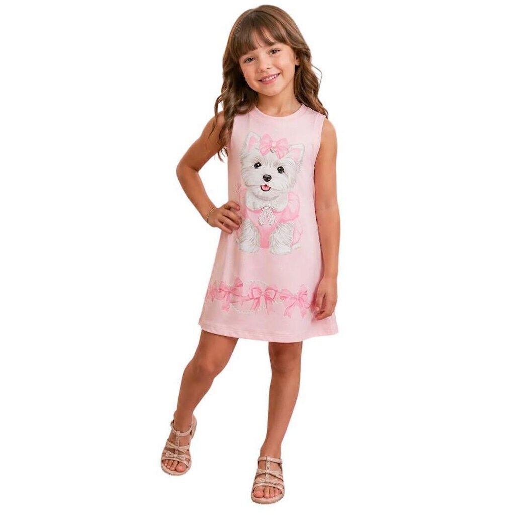 Vestido Infantil Rosa com Brilho e Westie Kukiê