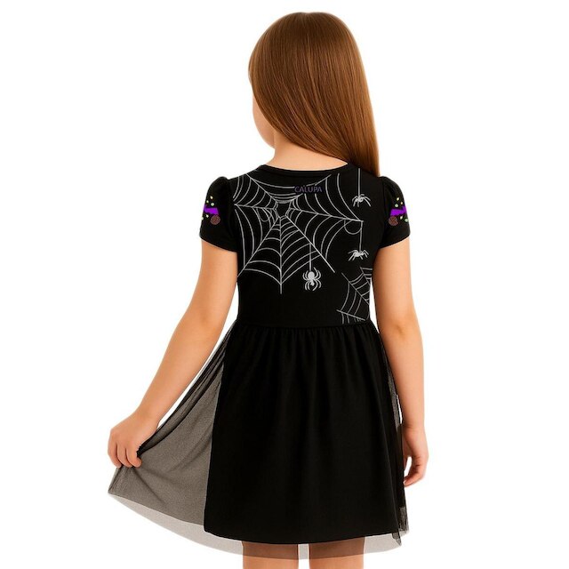 Vestido Infantil Temático Fantasia Halloween Teia de Aranha