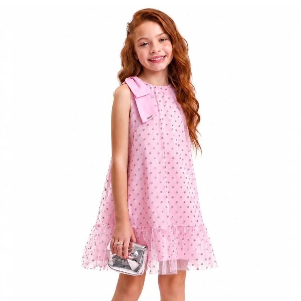 Vestido Infantil Tule Glitter Estrelas Rosa Com Laço Kukiê