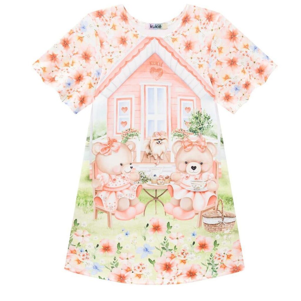 Vestido Infantil Verão em Fly Tech Ursinhos Tam 2 a 14 - Kukiê