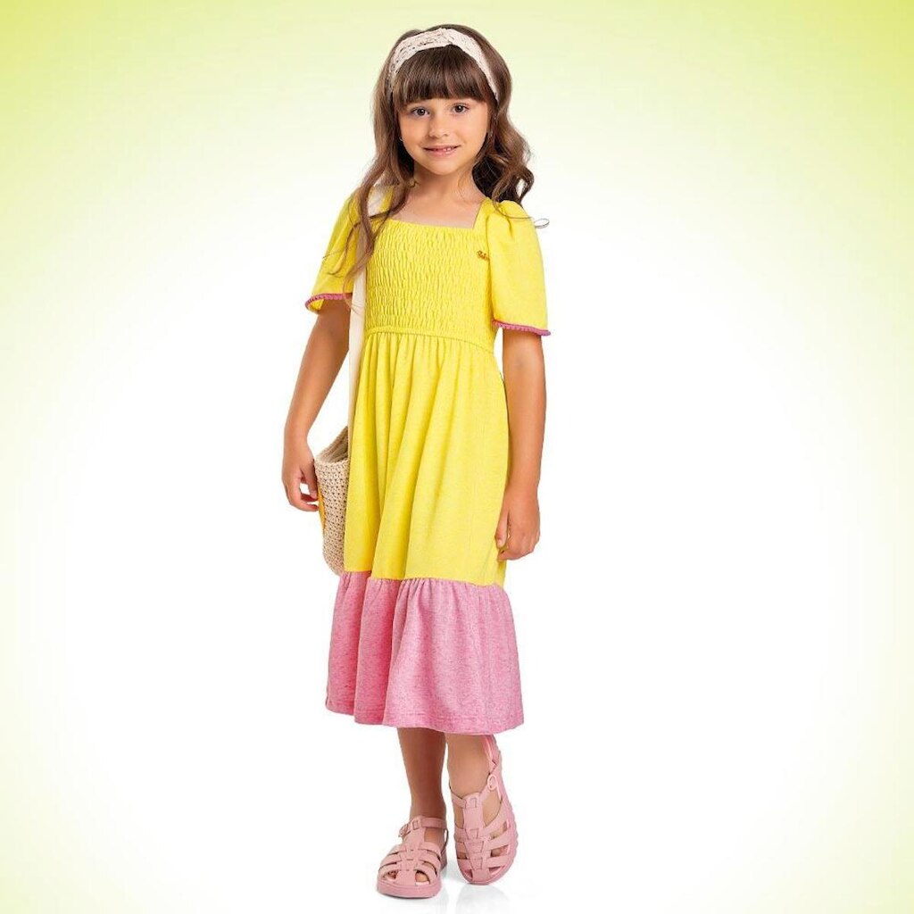 Vestido Infantil Verão Meia Malha Longo Amarelo  Tam 4 a 10 - Fakini