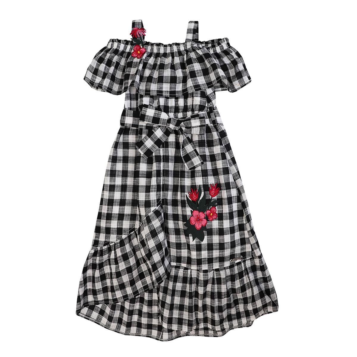 Vestido Infantil Xadrez com Flores Anime - Preto Menor preço em Vestido Infantil Xadrez com Flores Anime - Preto