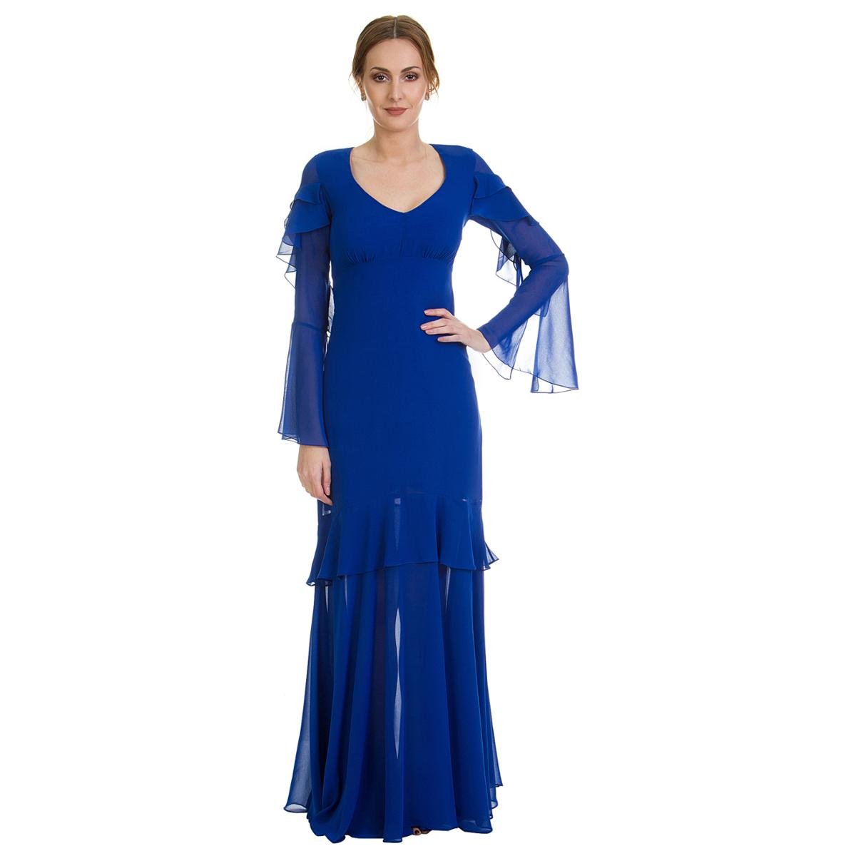 Vestido IzaD em Musseline Mangas Longas Boca de Sino Feminino Menor preço em Vestido IzaD em Musseline Mangas Longas Boca de Sino Feminino