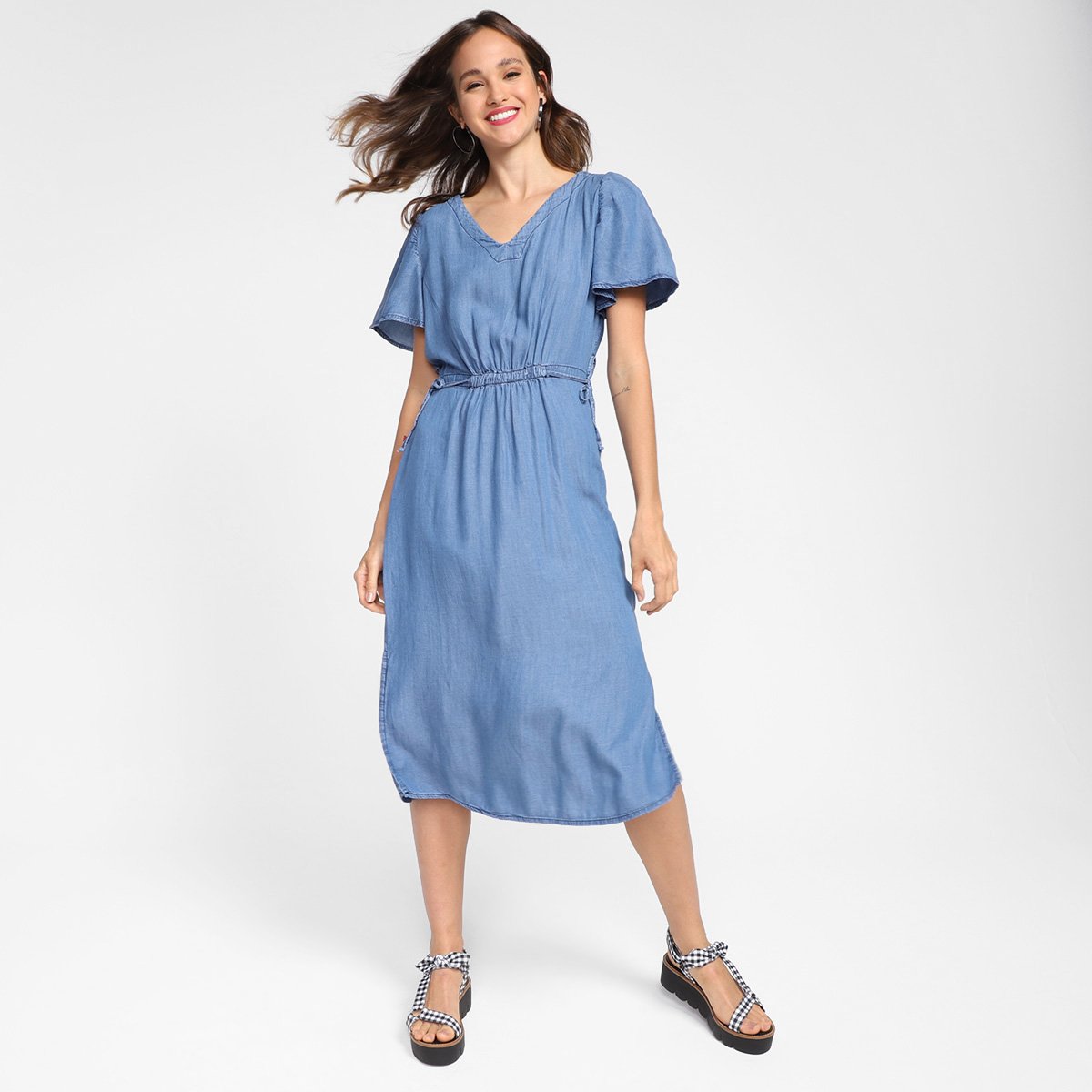 Vestido Jeans Cambos Amarração Feminino - Azul Claro Menor preço em Vestido Jeans Cambos Amarração Feminino - Azul Claro