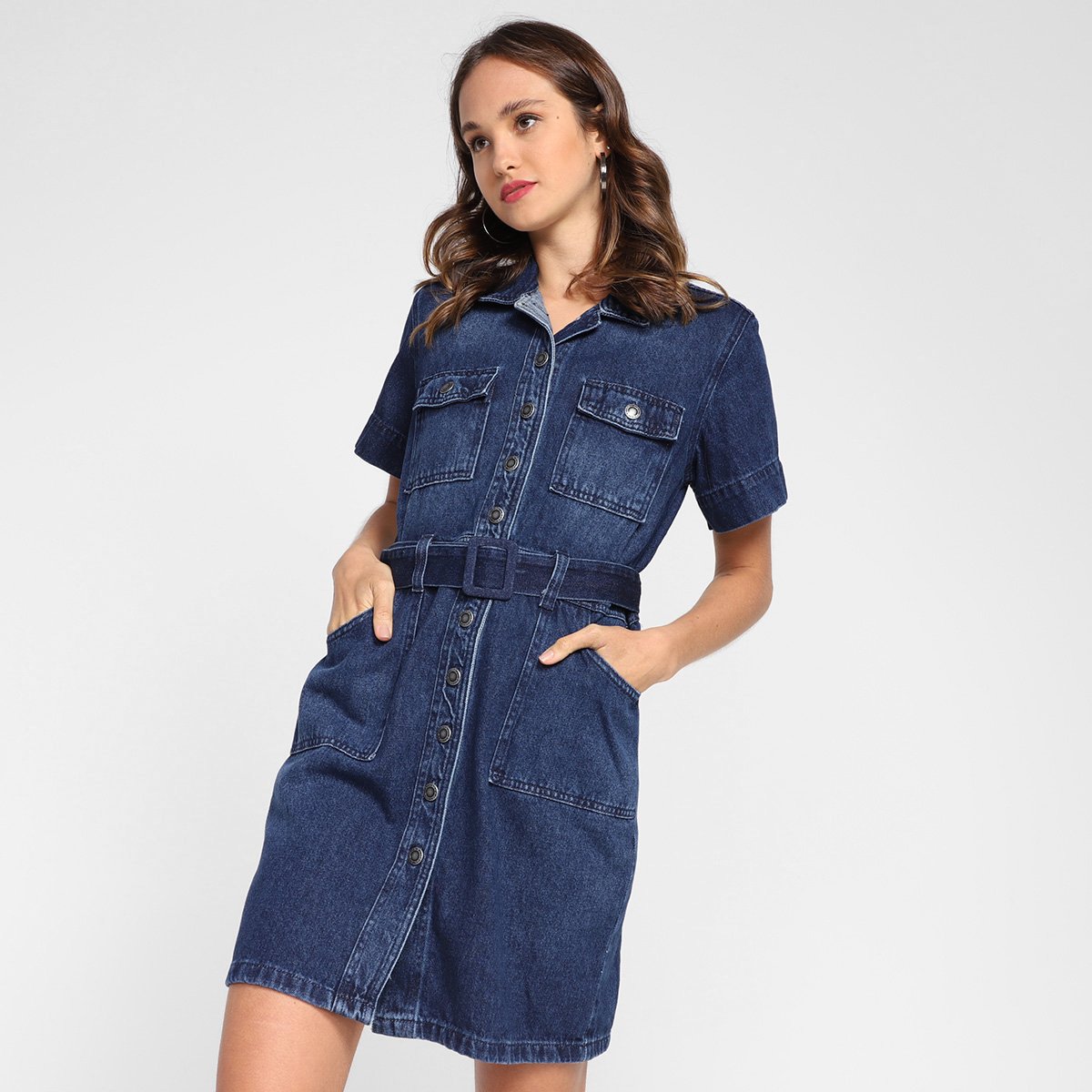 Vestido Jeans Cambos Com Cinto Feminino - Azul Menor preço em Vestido Jeans Cambos Com Cinto Feminino - Azul