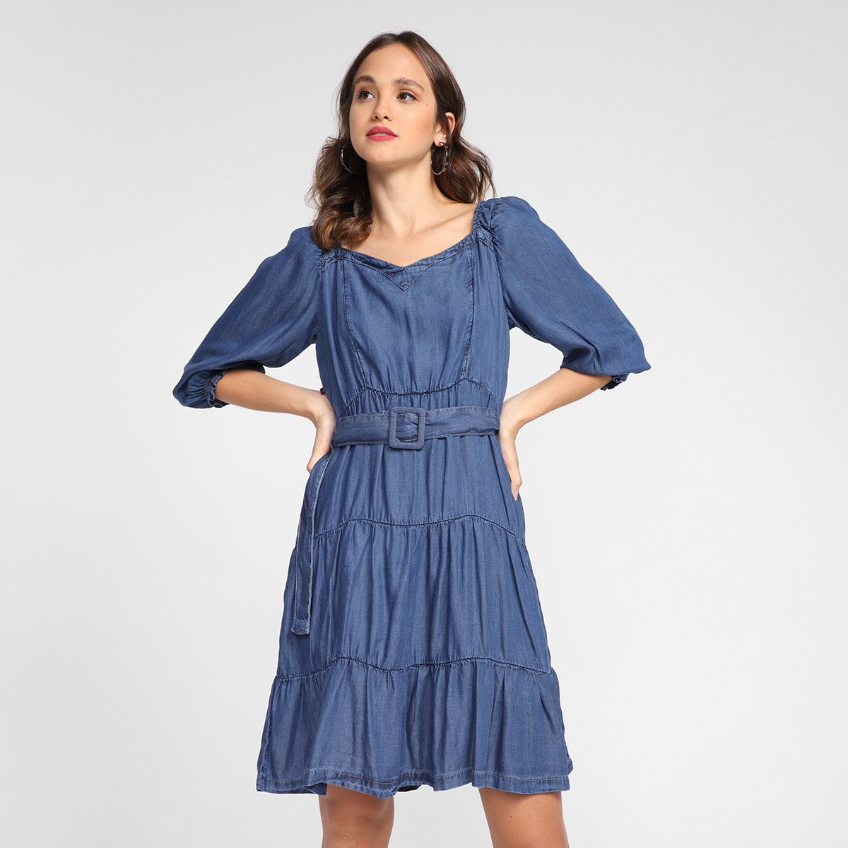 Vestido Jeans Cambos Manga Bufante Feminina - Azul Menor preço em Vestido Jeans Cambos Manga Bufante Feminina - Azul